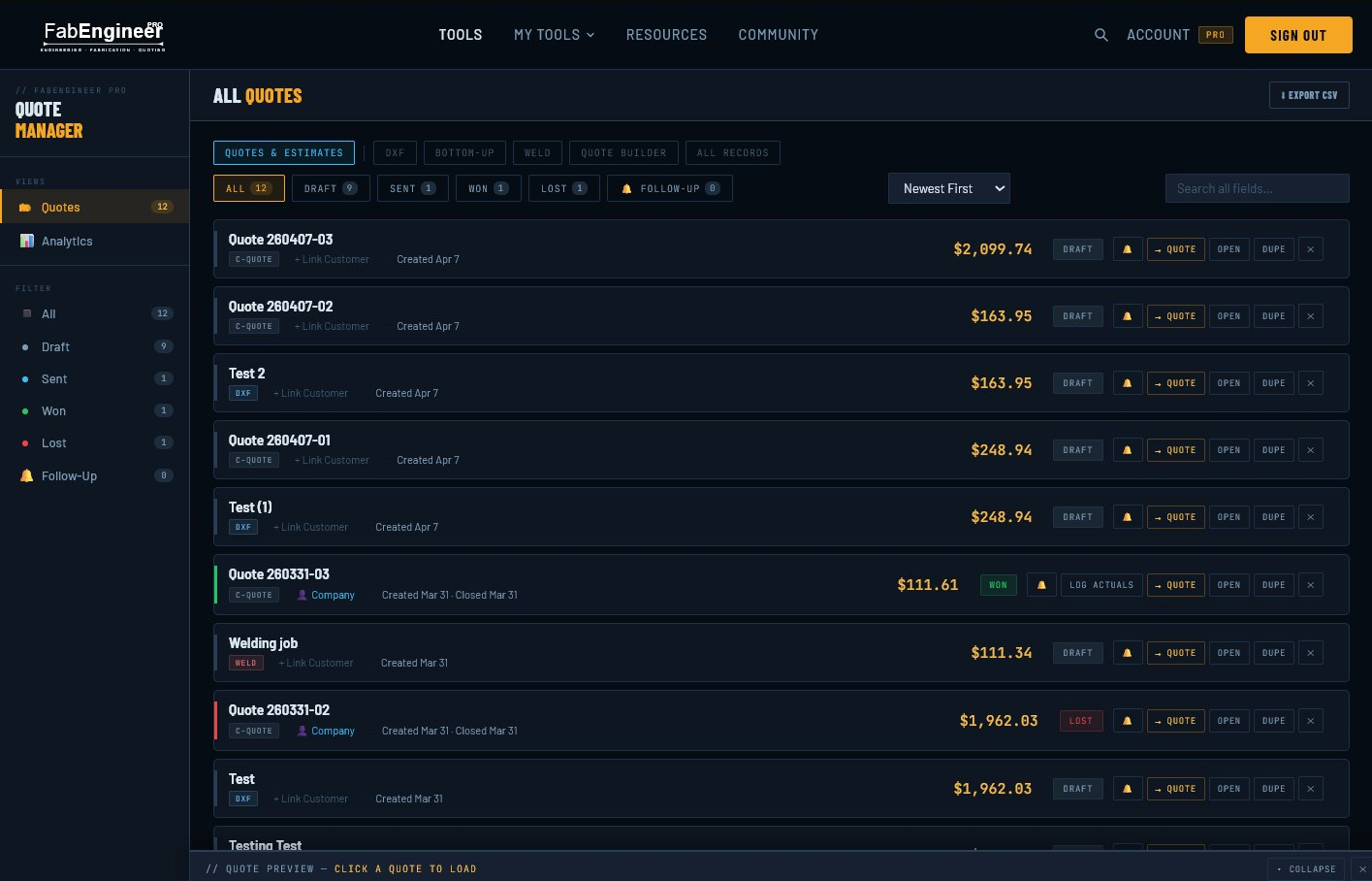 Quote Manager — all quotes pipeline view