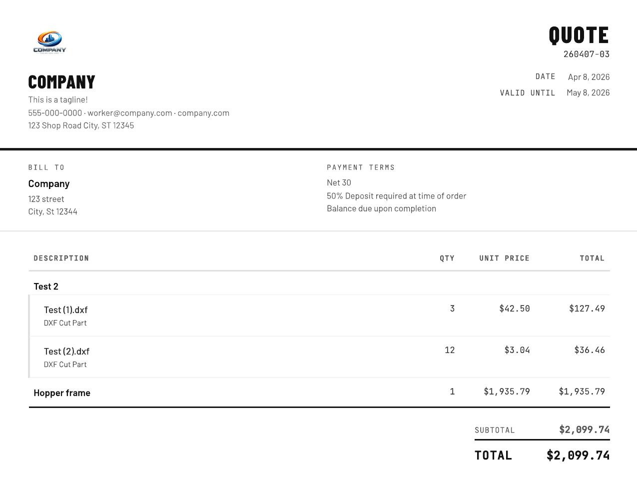 Professional branded customer quote PDF